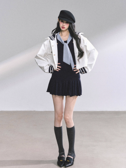 少也眼 Navy Striped Preppy Long Sleeve Bodycon Mini Dress with Tie