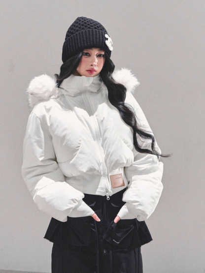 少也眼 Korean Preppy Short Puffer Jacket - White