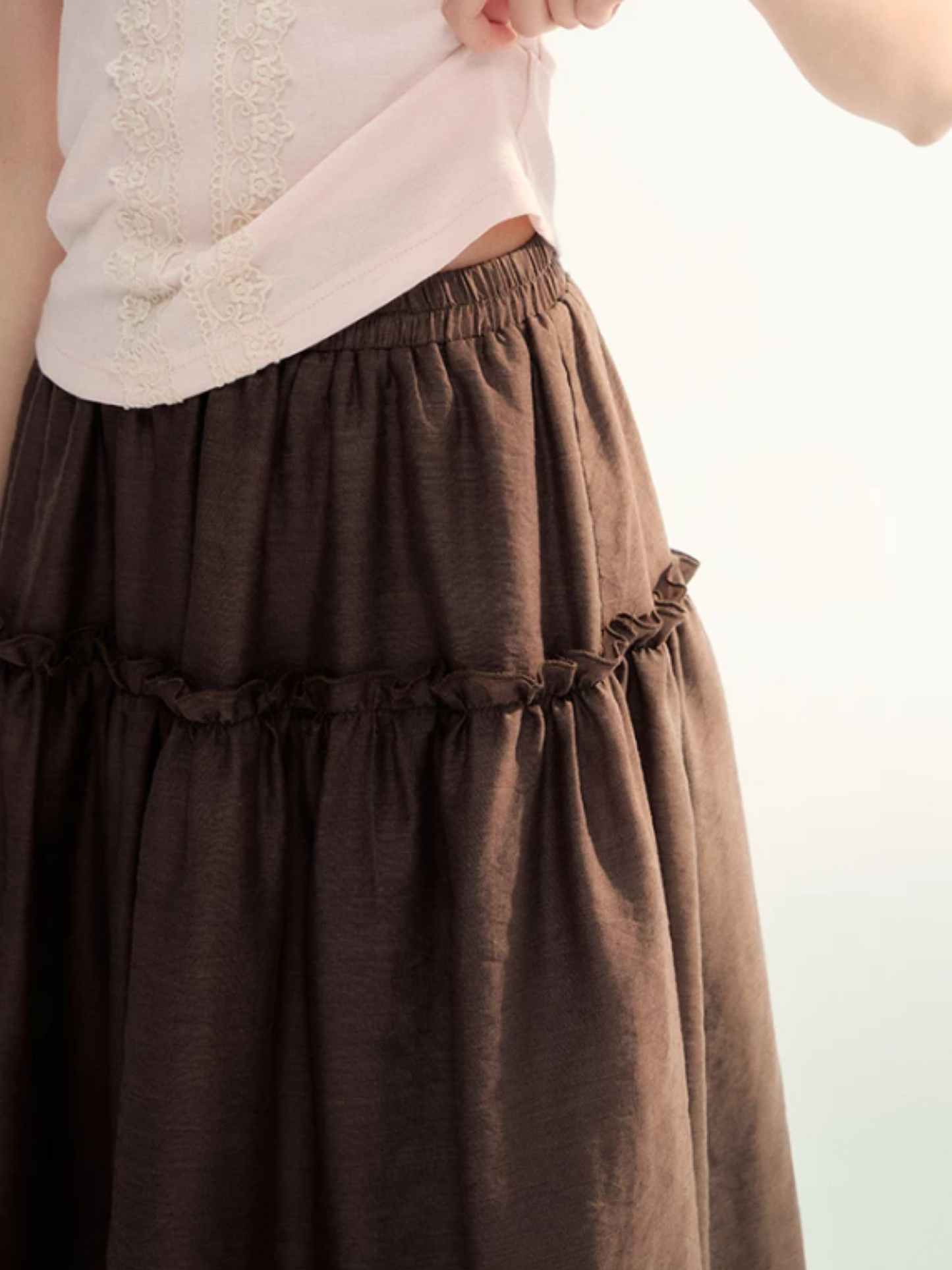 Lace Trim A-Line Elastic Waist Midi Skirt WW2026098