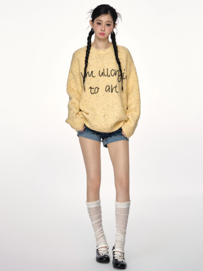 PCH - Alpaca Wool Blend Knit Pullover with Beaded Letter Embroidery