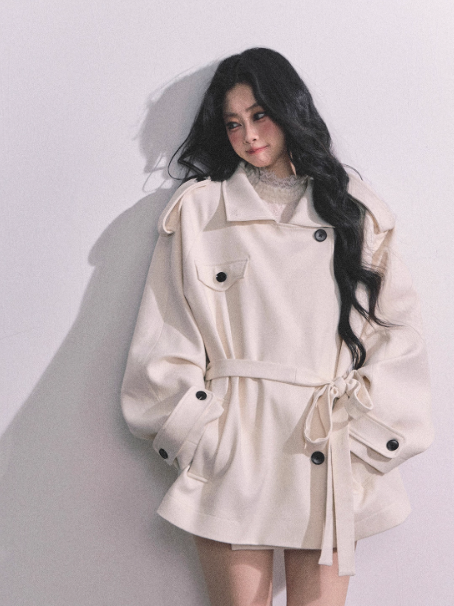 少也眼 British-Inspired Loose Wool-Blend Trench Coat