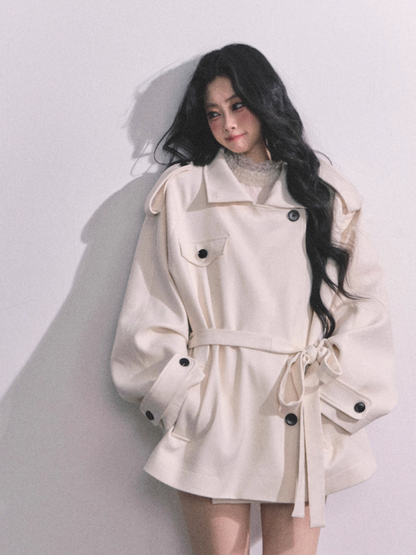 少也眼 British-Inspired Loose Wool-Blend Trench Coat