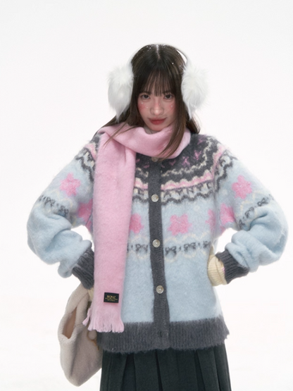 '甜梦蓝岛' Fair Isle Light Blue Knit Cardigan