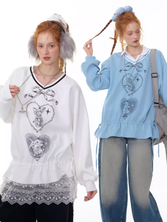 ZiziFei - Sweet Bunny Club V-Neck Sweatshirt – Ribbon & Drawstring Hem