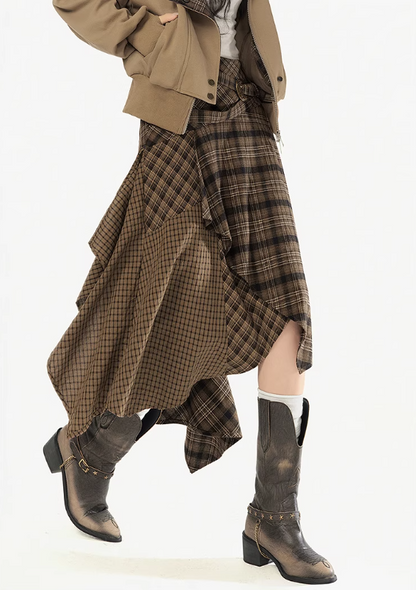 EPTISON - Plaid Irregular Patchwork Midi Skirt