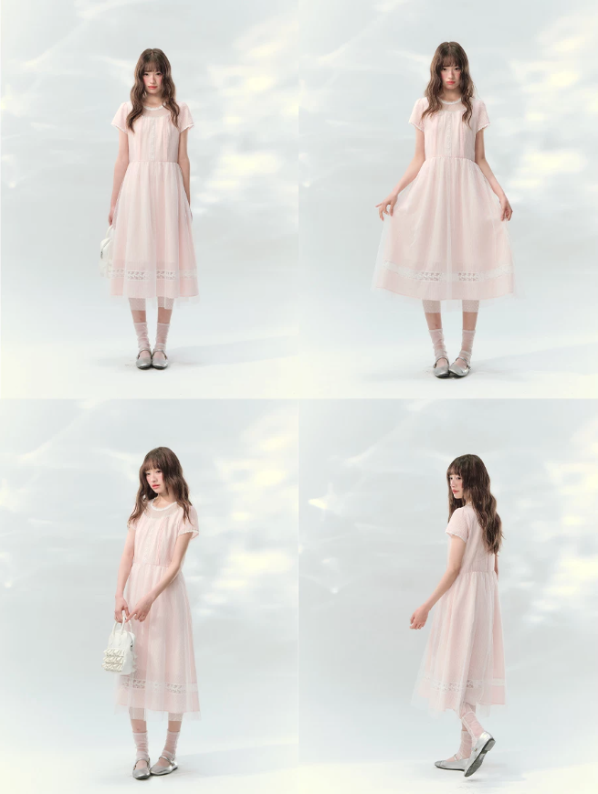 “Peach Bubble Romance” Pink Polka Dot Lace Midi Dress