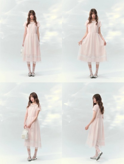“Peach Bubble Romance” Pink Polka Dot Lace Midi Dress