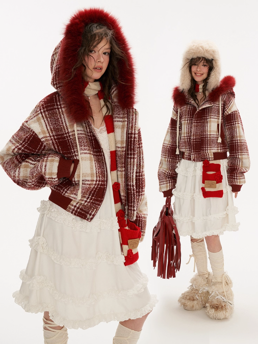 MAMC - Woven Plaid Contrast-Fur Hooded Jacket