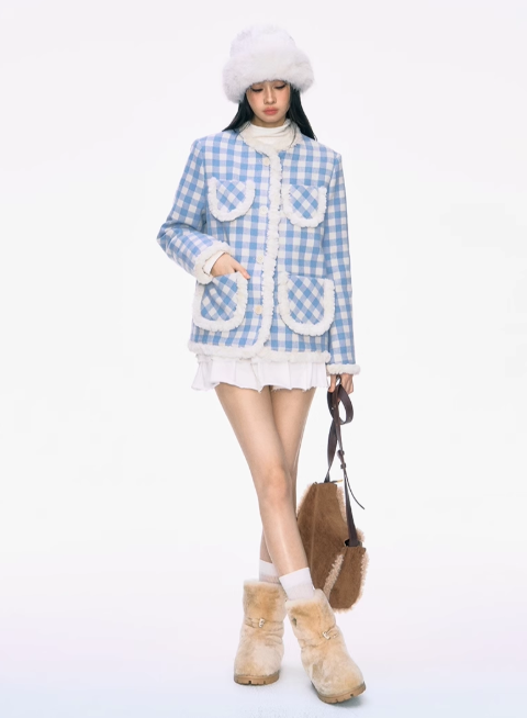 PCH - Chanel-Inspired Blue Tweed Wool-Blend Coat