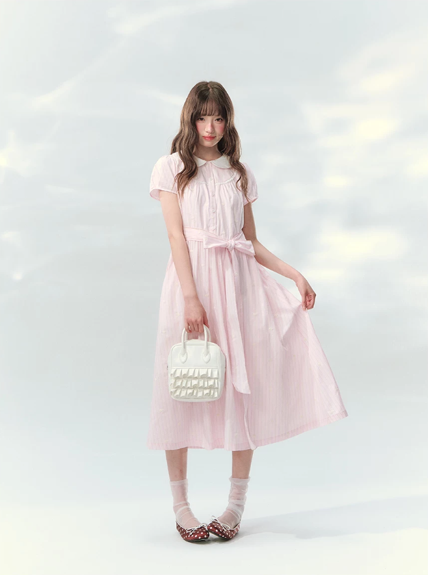 “Pink Mist Soufflé” Blush Pink Embroidered Doll Collar Dress