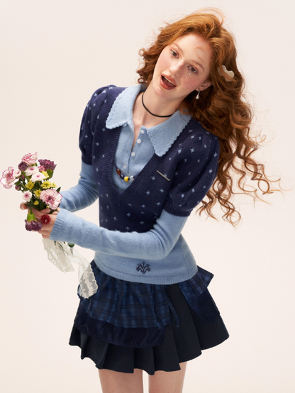 MAMC - Vintage Crochet V-Neck Puff Sleeve Sweater WE837 - BLUE