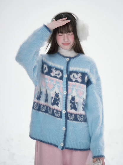 雪邦譚 - Blue Cat Pattern Cardigan
