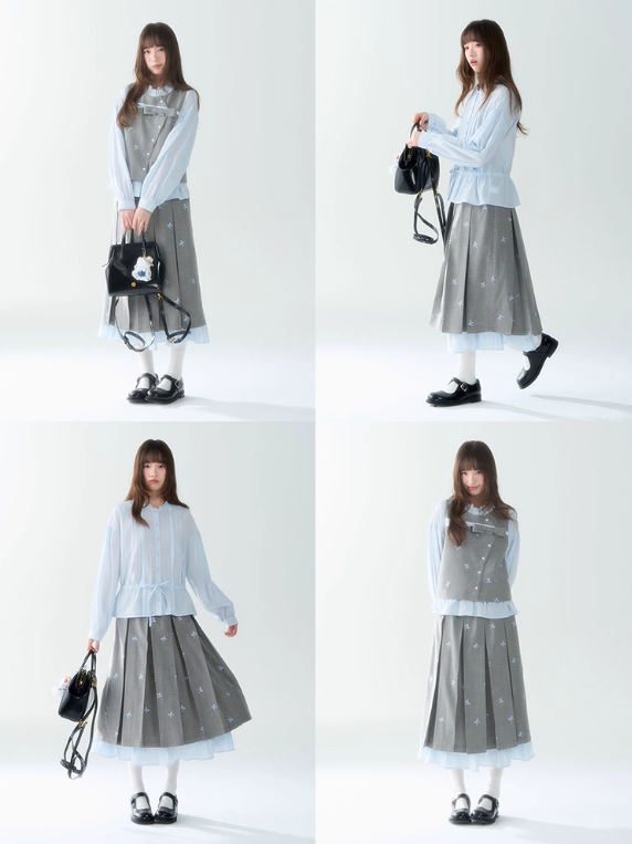 罐头士多所 - "Blue Whisper" Bow-Tie Vest Top & Pleated Skirt Set
