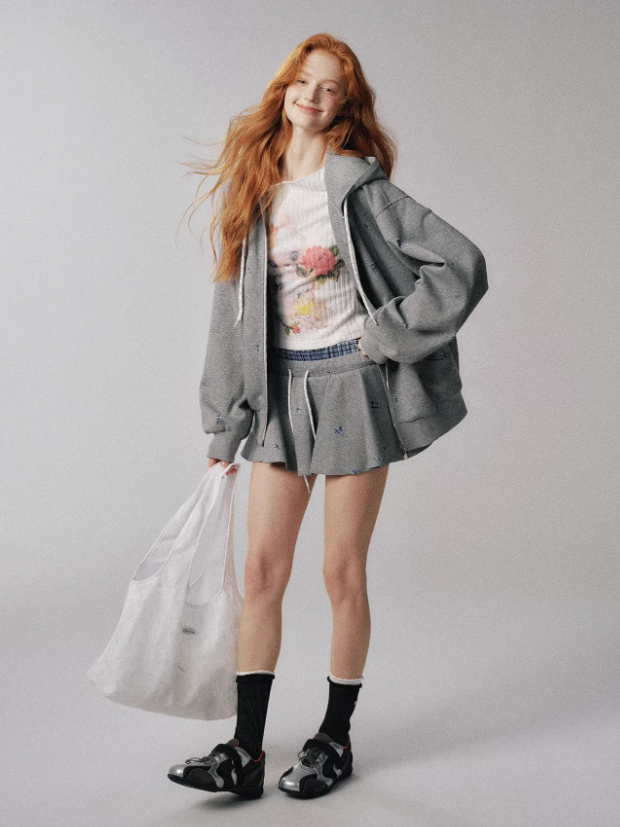 "心动符号" Gray-Blue Plaid 3-Piece MIU-Inspired Set – Hoodie, Pants & Puff Skort