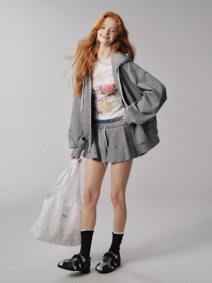 "心动符号" Gray-Blue Plaid 3-Piece MIU-Inspired Set – Hoodie, Pants & Puff Skort