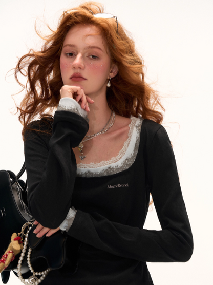 MAMC - Layered Lace Trim Long Sleeve T-Shirt (Black)