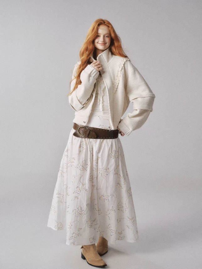 "糖果多巴胺" Color-Accented Embroidered Flared Midi Skirt (White)