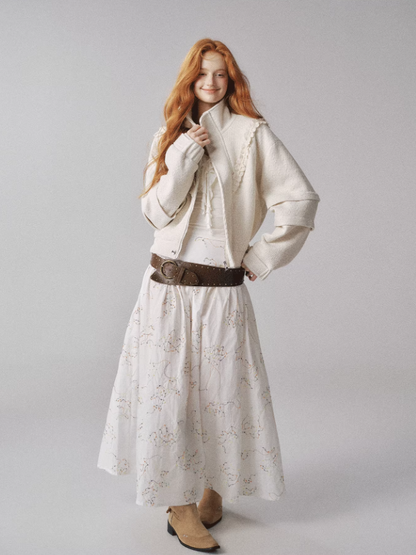 "糖果多巴胺" Color-Accented Embroidered Flared Midi Skirt (White)