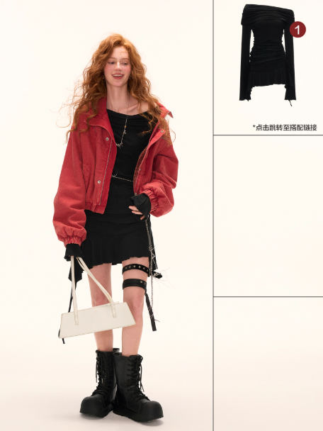 MAMC - Red Cropped Utility Jacket with Stand Collar WE734