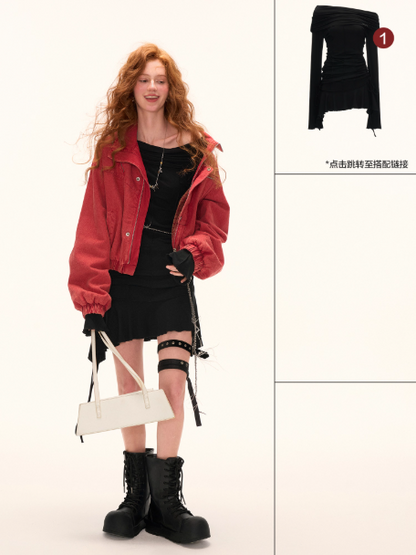 MAMC - Red Cropped Utility Jacket with Stand Collar WE734