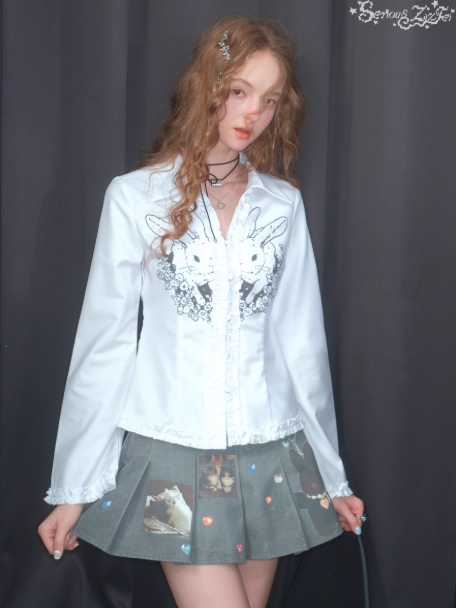 ZiziFei - White Bunny Graphic Blouse – Slim Fit Retro Y2K Long Sleeve Shirt