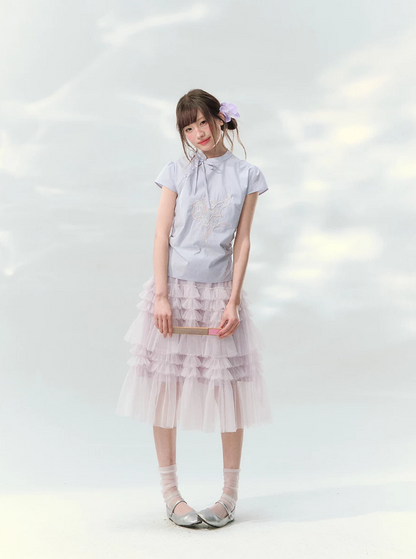 “Taro Peach Layers” Dusty Lilac Tiered Tulle Midi Skirt