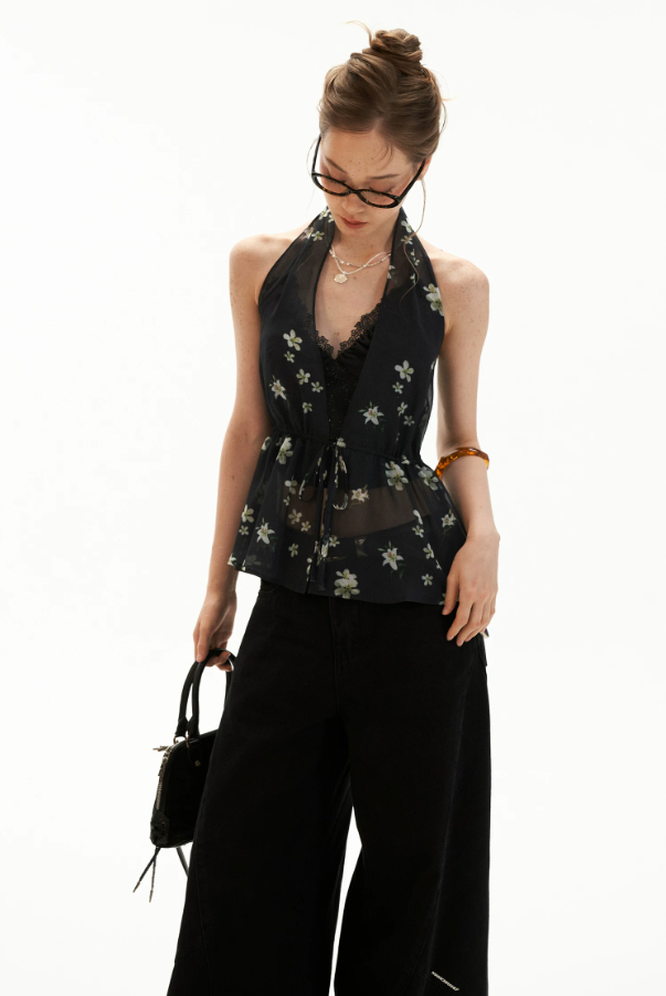 Black Vintage Floral Halter Cardigan Set