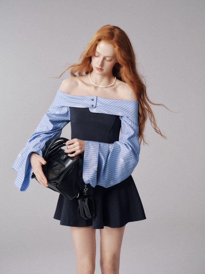 Off-Shoulder Knit Dress with Lantern Sleeves (Navy Blue)