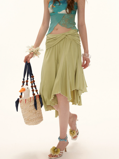 Sunlit Sage Green Draped A-Line Midi Skirt WE924