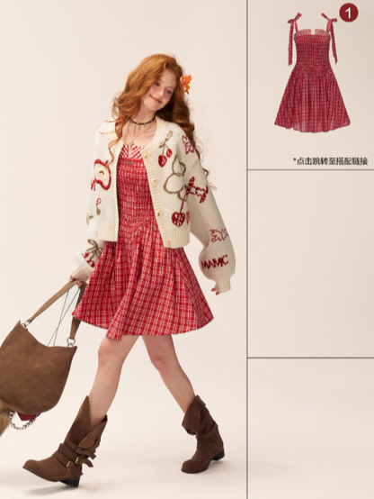 White Knit Cardigan with Apple & Cherry Embroidery WE751
