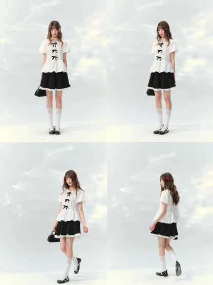 “Polka Soufflé” White Polka Dot Bow Peplum Blouse