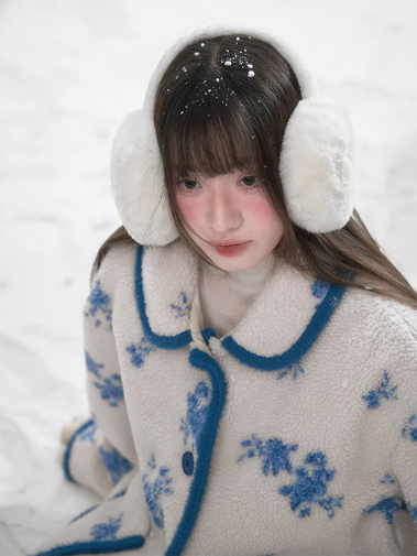 潘羅羅 - Blue Floral Imitation Lambswool Jacket