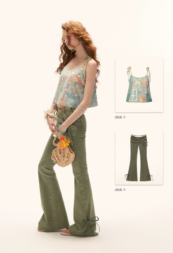 Vintage Multi-Belt Flared Jeans - Olive Green WE938