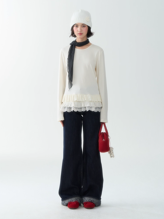 罐头士多所 - Soft Beige Layered Lace Knit Top – Feminine Fall Base Layer