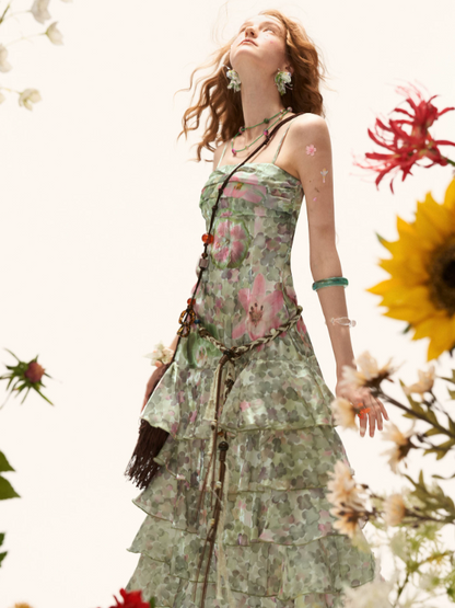 "Verdant Escape" Green Floral Strapless Maxi Dress WE922