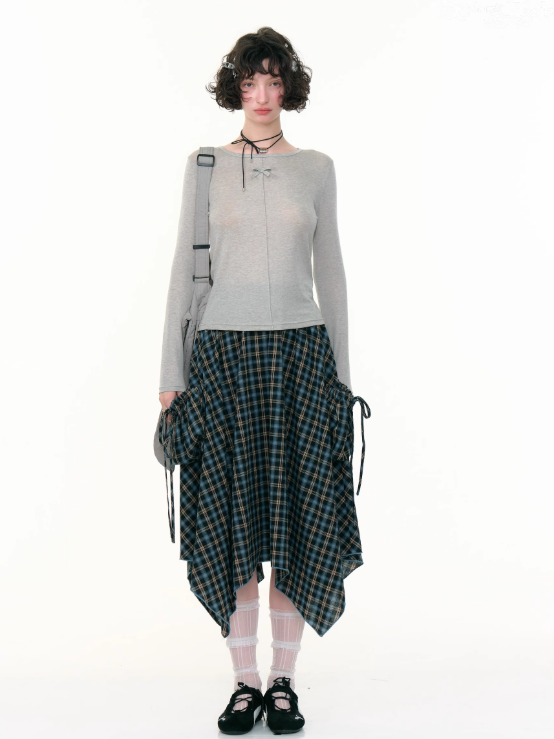 ZiziFei - Asymmetric Blue Plaid Midi Skirt – Vintage High-Waist Drawstring Hem Skirt
