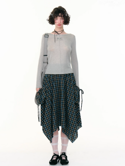 ZiziFei - Asymmetric Blue Plaid Midi Skirt – Vintage High-Waist Drawstring Hem Skirt