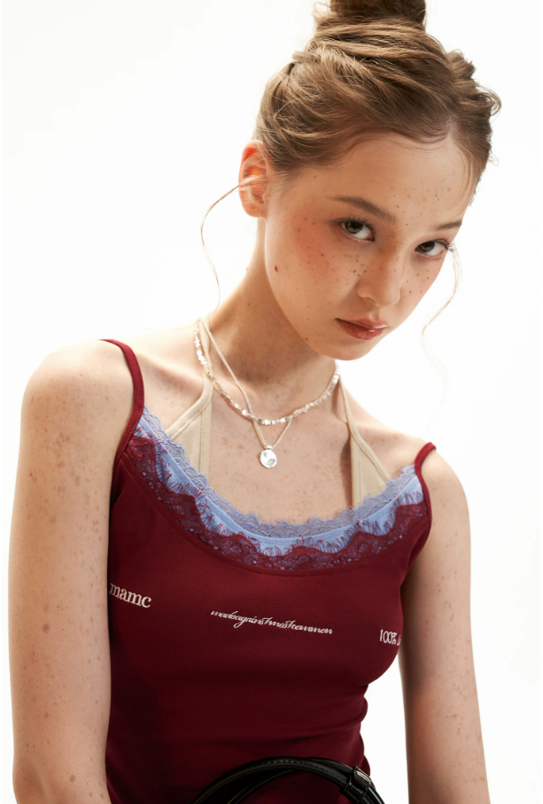 Layered Lace Letter Embroidered Cami Top
