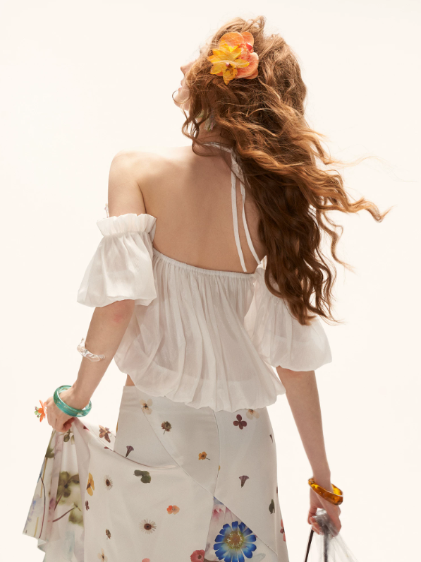 "Ethereal Blossom Veil" Puff Sleeve Layered Camisole Top – White WE925