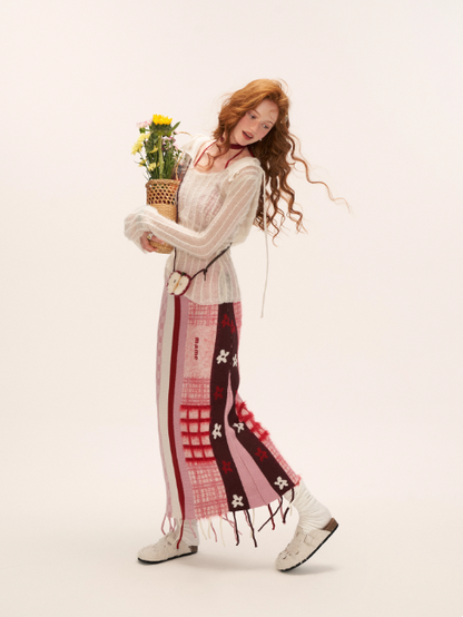 MAMC - Pink Patchwork Fringe Floral Plaid Skirt WE826