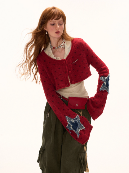 MAMC - Star Patch Cropped Knit Cardigan (Wine Red)