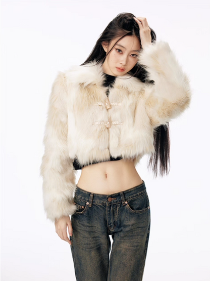 PCH - Cream White Faux Fur Coat with Toggle Buttons