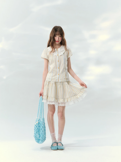 “Spring Lemon Breeze” Milk Blue Striped Shirt & Tiered Mini Skirt Set
