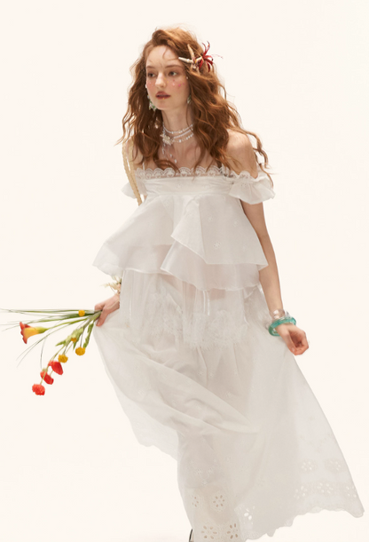 White Lace Ruffle Cami & Eyelet Maxi Skirt Set  WE991