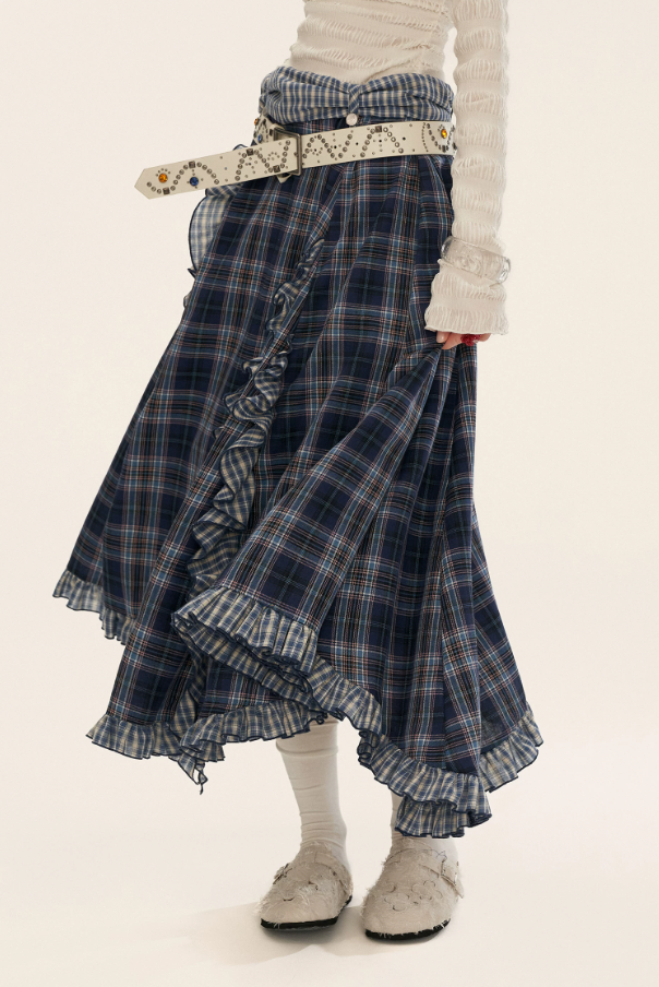 MAMC - Asymmetrical Plaid Maxi Skirt with Ruffle Hem (Blue)