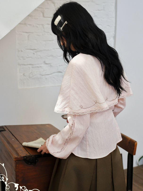 DAILY ARTIST - “Soft Pink Notes” Pink Vintage Tencel Lace Cape Blouse