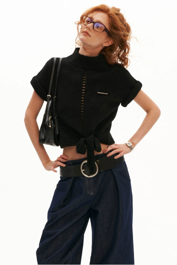 MAMC - Soft Wool-Blend Tie-Waist Cutout Knit Sweater (Red / Black)