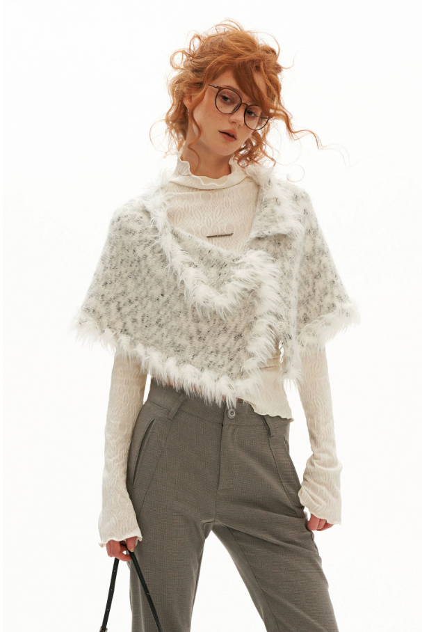 MAMC - Textured Two-Way Knit Scarf & Shawl with Long-Hair Fringe (Black / White)