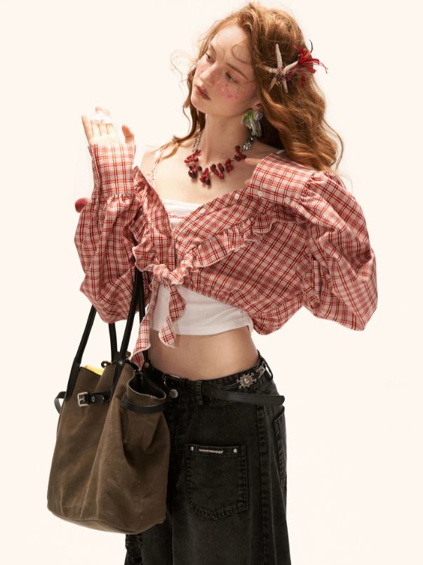 "Retro Rouge Mood" Plaid Tie Front Off-Shoulder Top WE950