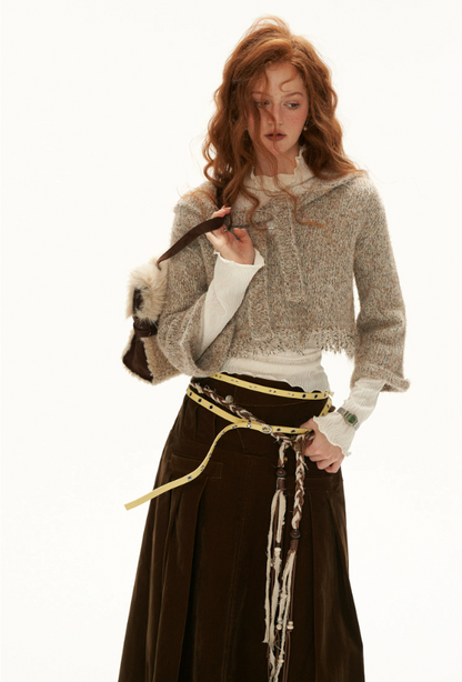 MAMC - Khaki Textured Hooded Knit Sweater with Flare Sleeves